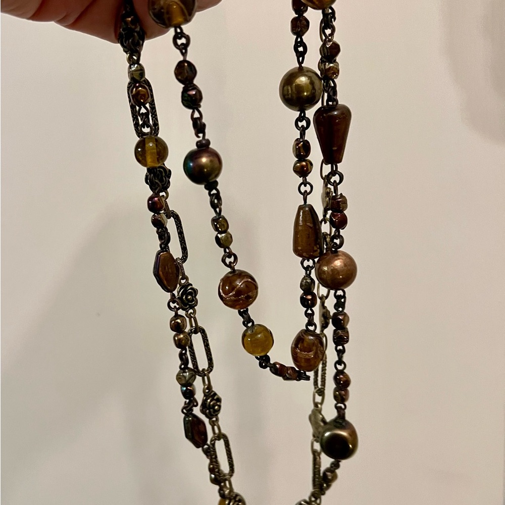 Necklace, 2 strands+earring, brown/chrome shades assorted Italian beads/brass.